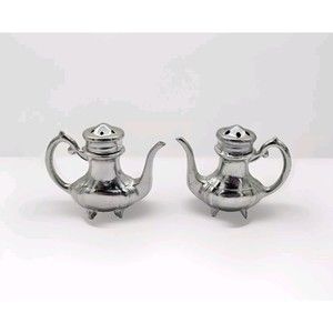 Vintage Miniature Teapot Souvenir Salt & Pepper Shakers Heavy Metal Silver 1.5"